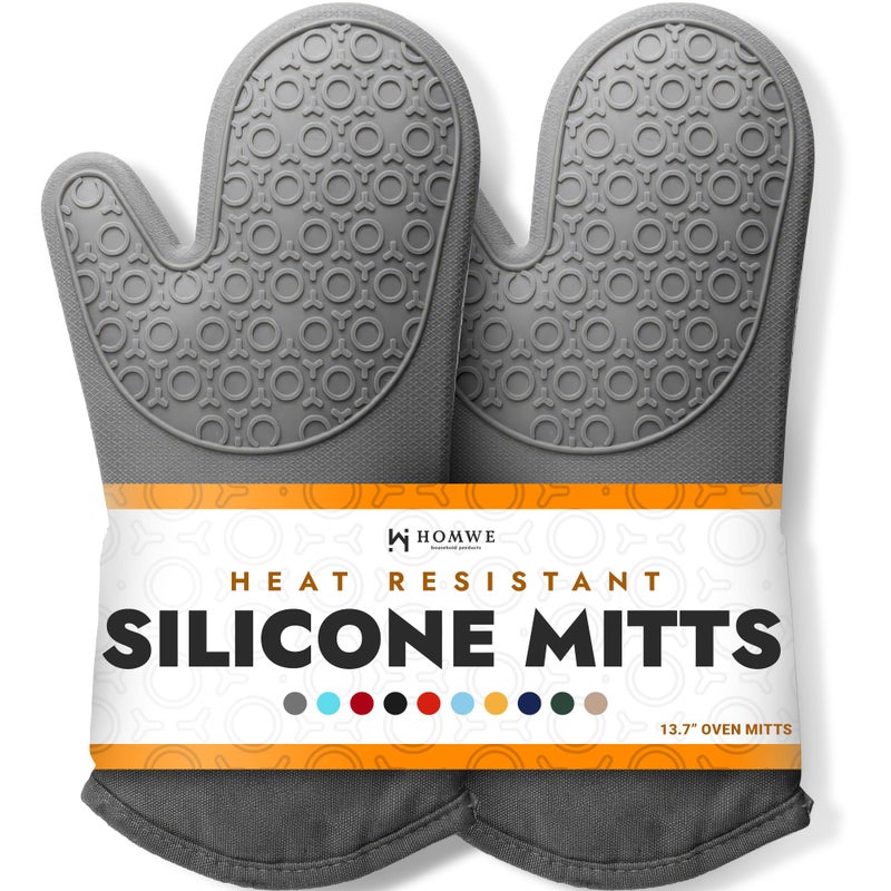HOMWE BPA-Free Soft Silicone Oven Mitts - Ultra Heat Resistant Oven Mitts with Thick Cotton Liner - Long Slip Resistant Pot Holders, Flexible Oven Gloves - Gray 13.7" - Image 1